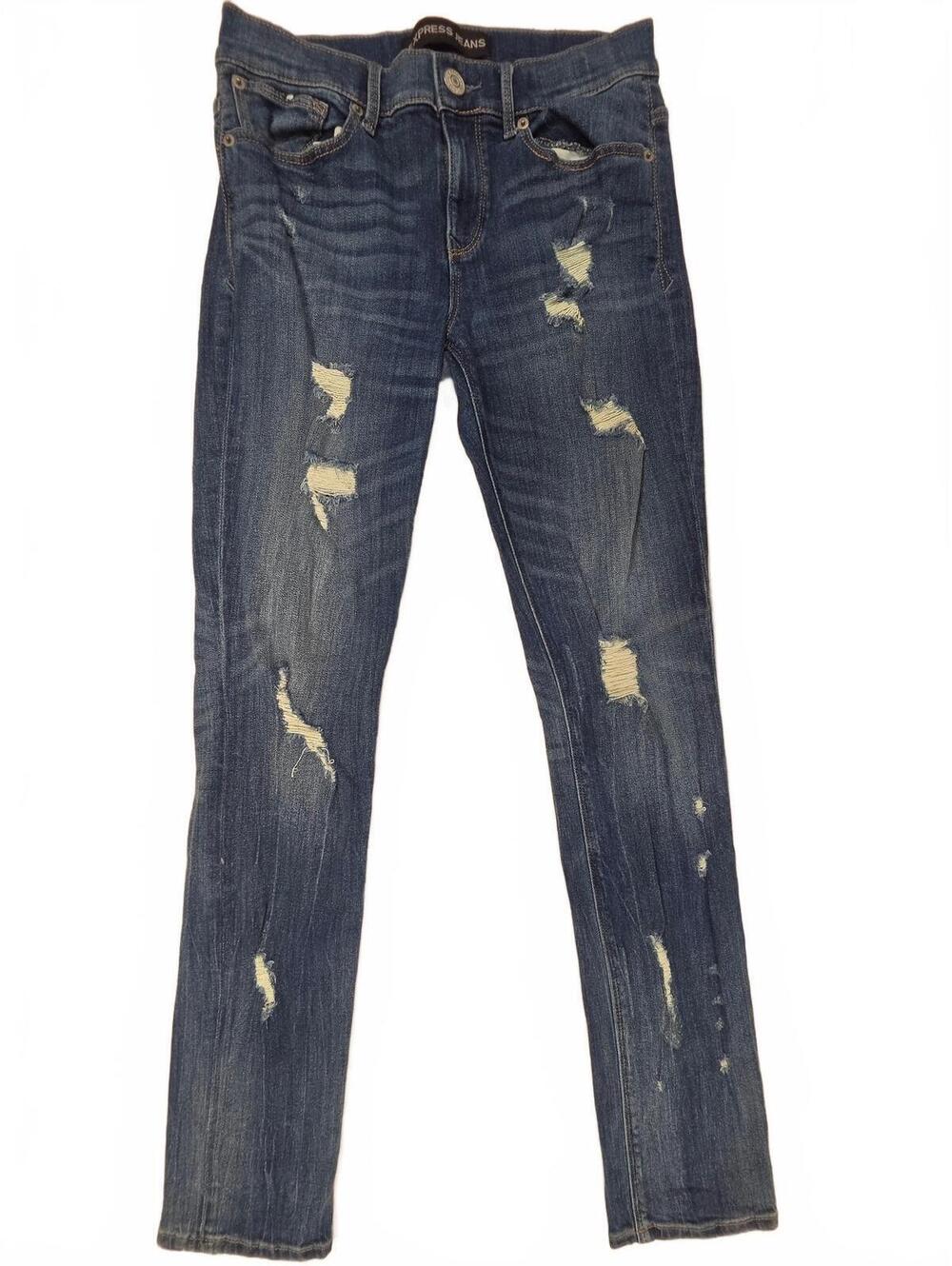 Express Jeans Womens 4R Super Skinny Mid Rise Distressed Medium Blue Denim